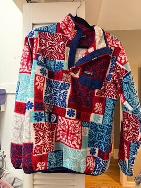 Patagonia Patchwork Fleece Pullover in Red, Blue, Light Blue, White
